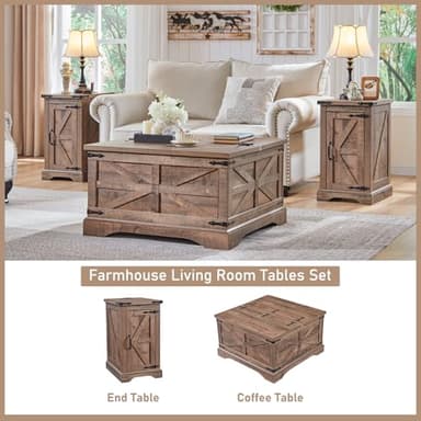 JXQTLINGMU Nightstand with Charging Station, Rectangular Farmhouse End Table with Barn Door and Adjustable Storage Shelf, 17" Deep Wood Rustic Sofa Side Table for Living Room, Bedroom, Light Brown - Image 3