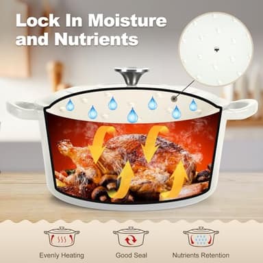 P&P CHEF 7QT Enameled Dutch Oven, Cast Iron Dutch Oven Pot with Lid for Bread Baking, Enameled Casserole Pot for Roasting Braising Stewing Frying Simmering, Various Stoves & Easy Clean, White - Image 5