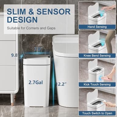 Vanpopubs 2 Pack 2.7 Gal Bathroom Trash Can with Lid, Automatic Trash Can Small Smart Garbage Can Touchless, Slim Motion Sensor Waterproof Plastic Trash Bins for Bedroom Office Kitchen Toilet - Image 3