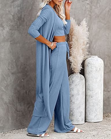 Fessceruna Womens 3 Piece Lounge Sets Pajamas Knit Long Sleeve Cardigan Crop Top Wide Leg Pants Loungewear Set A-blue - Image 3