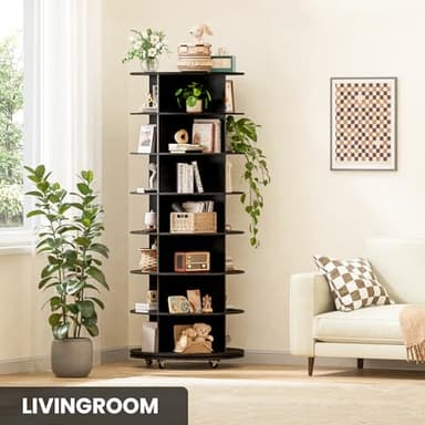 Gujiam Wood 7-Tier Rotating Shoe Rack Tower, 360 with Wheels, Shoe Tree Organizer for Entryway Closet Bedroom, Space-Saving Design, Compact Tower, 66.9 Inch - Black - Image 9
