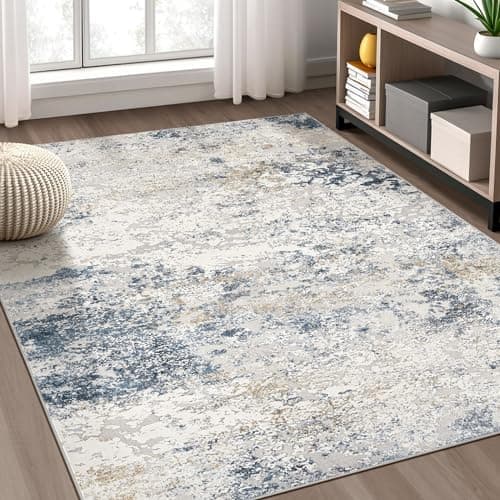 Area Rug Living Room Rugs - 5x7 Abstract Large Soft Indoor Washable Rug Neutral Modern Low Pile Carpet for Bedroom Dining Room Farmhouse Home Office - Beige Blue - Image 1