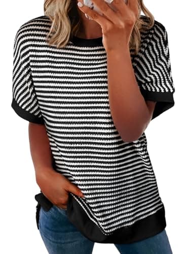 EVALESS Tops for Women 2025 Casual Waffle Knit Crewneck Short Sleeve Spring Summer Tops Trendy Color Block Striped T Shirts Loose Fit Tee Side Split Tunic Tops Black Large - Image 1