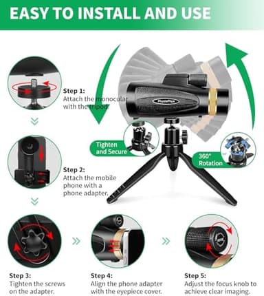 Monocular Telescope 80x100 HD Monoculars for Adults with Tripod & Phone Adapter, Monoculars for Bird Watching Stargazing Camping Hiking Hunting Wildlife Travel - Image 4