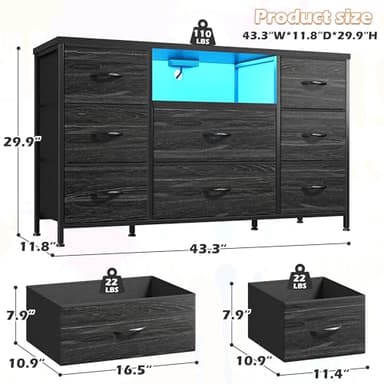 Black Dresser TV Stand for 55'' with LED Lights & Charging Station, Dresser for Bedroom with 8 Drawer, Chest of Drawers with Open Shelves, 6 Adjustable Feet, Hallway, Entryway - Image 3