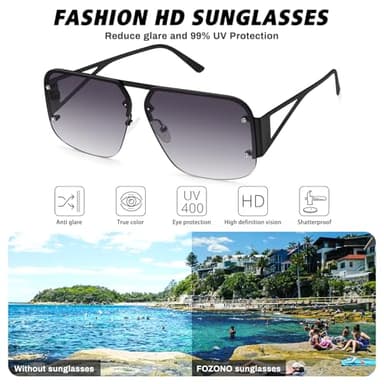 Fozono Retro Trendy Aviator Sunglasses Womens Mens Large Oversized Square Sun Glasses Metal Rimless Frame Shades FZN904 (Black/Gradient Grey) - Image 3