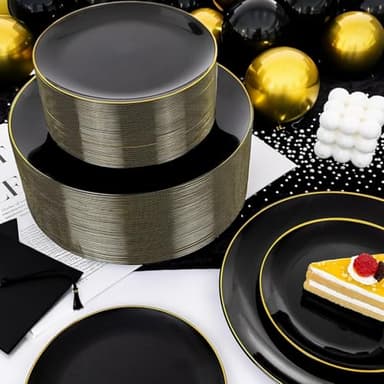 KIRE 350 PCS Plastic Dinnerware Set for 50 Guests - Black and Gold Plates 50 for Dinner 50 for Dessert & 50 Pre Rolled Napkins with Disposable Silverware 50 Cups for Halloween Party/Banquet/Wedding - Image 6