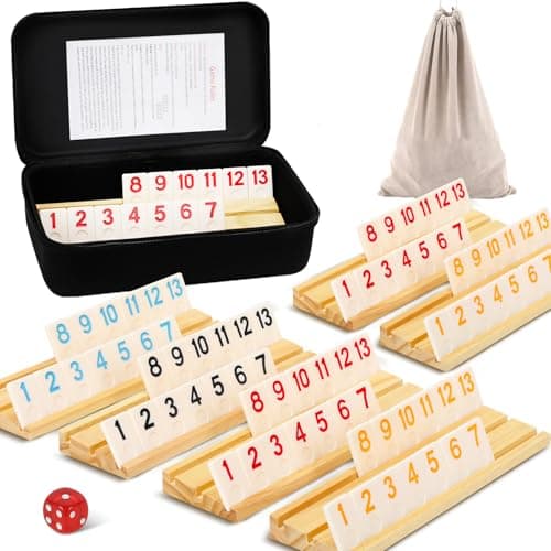 Upgraded 2-6 Players Rummy Game with 6 Wooden Racks, 160 Melamine Tiles, Drawstring Bag, Premium Portable Case, Tile Board Games for Adults & Kids Age 8+, Birthday Gifts for Women Men Dad Mom - Image 1