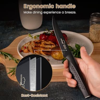 Amorston Steak Knives, Steak Knives Set of 8, Stainless Steel Steak Knife Set, Serrated Knives Dishwasher Safe, Elegant Black - Image 3