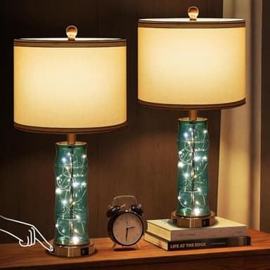 uboory Table Lamps Set of 2 - Bedside Lamp with Fabric Shades - for Bedroom and Living Room with USB and Nightlight - Perfect for Nightstands and Bedrooms (26"" high) Bulb Included, Blue, BL2024001 - Image 2