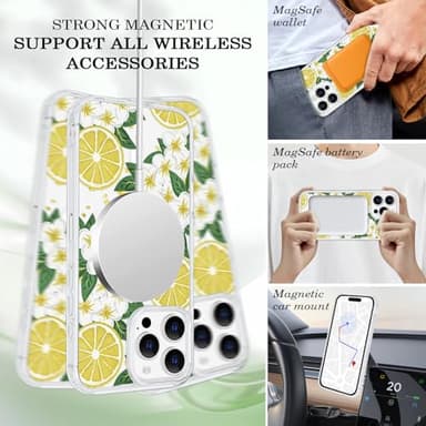 Tcaraersing for iPhone 16 Pro Max Flower Case Magnetic [Compatible with MagSafe] Floral Pattern Clear Shockproof [Hard PC Back Soft TPU Edge] Slim Cover for Girls Women iPhone 16 Pro Max, Lemon Flower - Image 4