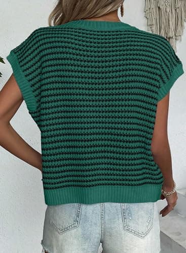 EVALESS Women's Cap Sleeve Sweaters Vest Round Neck Basic Loose Fit Ribbed Knit Pullover Striped 2025 Summer Clothes Dark Green Stripe Large - Image 2