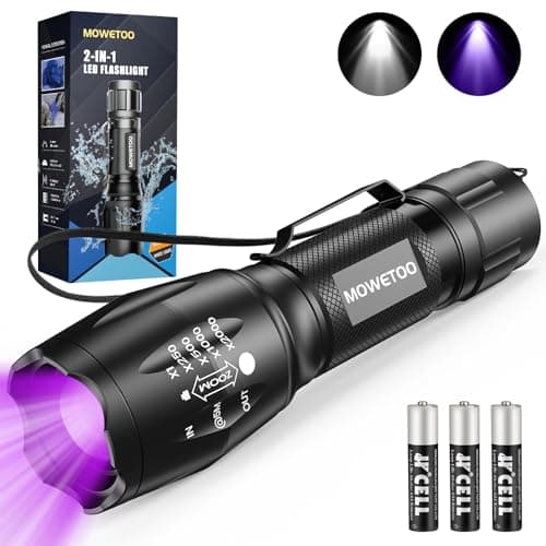 MOWETOO UV Flashlight, Portable Blacklight Flashlight, LED Torch with White and Ultraviolet Light Combo, Black Light Pet Urine Detector for Dog Cat Pee, ID Check, AC Leak, Bed Bug, Rocks, Resin - Image 1