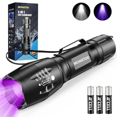 MOWETOO UV Flashlight, Portable Blacklight Flashlight, LED Torch with White and Ultraviolet Light Combo, Black Light Pet Urine Detector for Dog Cat Pee, ID Check, AC Leak, Bed Bug, Rocks, Resin - Image 1