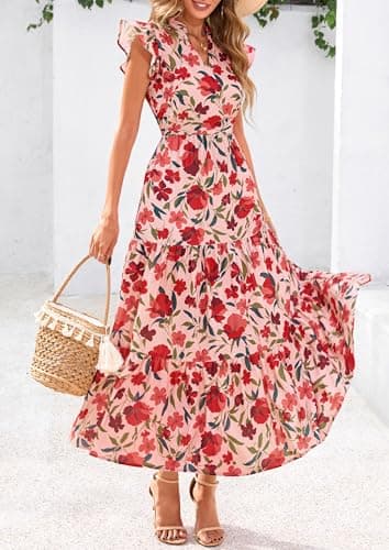 PRETTYGARDEN Women's 2025 Summer Floral Midi Dress Cap Sleeve V Neck Ruffle Long Flowy Boho Casual Beach Vacation Dresses (Floral Orange Pink Red,XX-Large) - Image 8