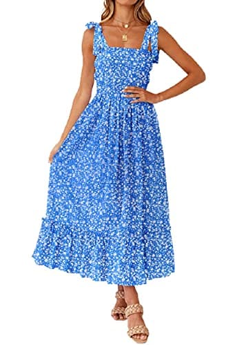 Tobrief Maxi Dress for Women Floral Dresses Square Neck Summer Strap Beach Dress Blue Floral L - Image 1