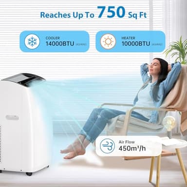 Portable Air Conditioners, 14000 BTU Air Conditioner for Rooms Up to 750 Sq.Ft, AC Unit with Heat, Sleep Mode, Dehumidifier, Fan, Remote Control, 24H Timer, Easy Setup for Bedrooms, Black Top - Image 8
