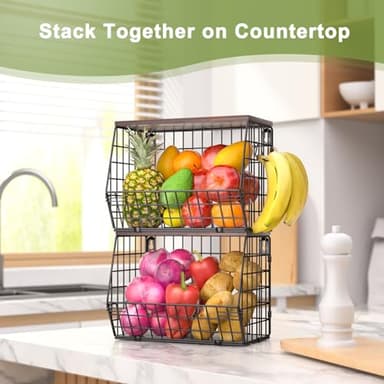 Wawocs 2 Tier Fruit Bowl Fruit Basket for Kitchen Counter Stackable Wall Mounted Hanging Basket Wire Baskets with Wood Lid with 4 Banana Hanger Hooks, Onion Basket, Fruit and Vegetable Storage - Image 6