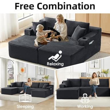 134 Inch Cloud Sectional Couch for Living Room,Corduroy Boneless Couches with Cup Holder,Modern Modular Sectional Sofa with Deep Seat,No Assembly Required (Dark Gray, U-Shaped Sofa) - Image 7