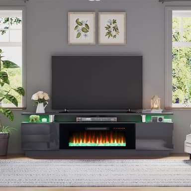 AMERLIFE Fireplace TV Stand with 40" Fireplace, 80" Modern High Gloss Fireplace Entertainment Center LED Lights, 2 Tier TV Console Cabinet for TVs Up to 90", Grey - Image 8