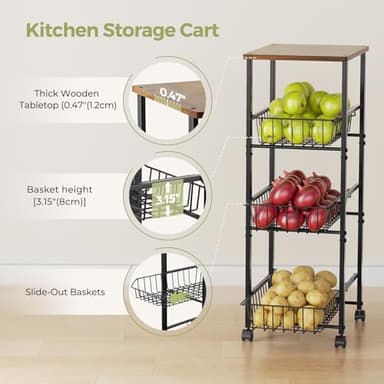 Delamu Kitchen Organizer and Storage Cart, 4-Tier Rolling Utility Cart with Wheels, Slide-Out Baskets and Table Top, for Fruit Potato Onion Vegetable Snack,Black - Image 3