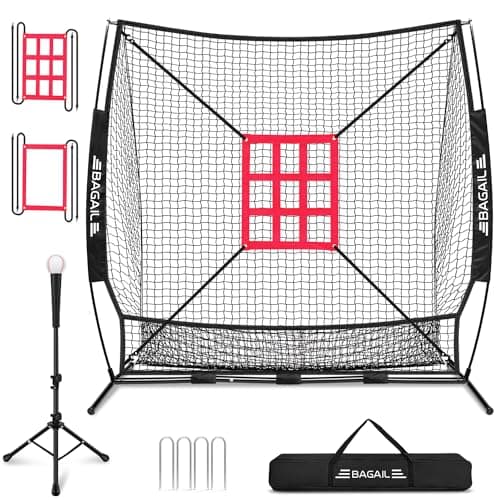 BAGAIL 7x7 ft Baseball & Softball Practice Net with Bow Frame for Batting, Hitting, Pitching, Portable Baseball Throwing Net with 2 Strike Zone Batting Tee, Carry Bag, Great for All Levels - Image 1