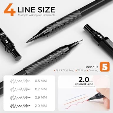 Four Candies Metal Mechanical Pencil Set, 3PCS Art Drafting Pencils 0.5, 0.7, 0.9MM & 2PCS 2MM Mechanical Drawing Pencils with 420PCS Leads (4B 2B HB 2H Color) for Writing Sketching Drawing (Black) - Image 2
