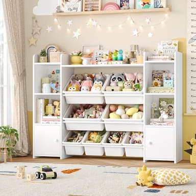 FOTOSOK 55''Large Toy Storage Organizer with 8 Toy Bins, Toy Organizers and Storage with Shelf and 6 Storage Cubbies, Bookshelf for Kids, Playroom Organization and Storage Bins, White - Image 1