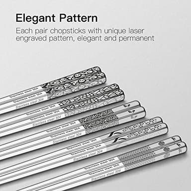 Metal Chopsticks Reusable 18/8 Stainless Steel Chopsticks Multipack Dishwasher Safe Chop Sticks Cute Laser Engraved Non-slip Japanese Korean Chopstick for Cooking Eating 9 1/4 Inches 5 Pairs Gift Set - Image 3