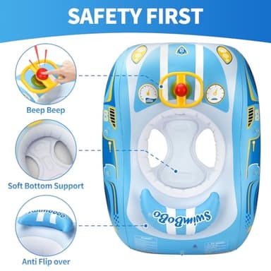 Swimbobo Toddler Pool Float Inflatable Car Baby Swim Float with Adjustable Sun Canopy and Safety Seat Pool Toys for Kids 3+ Years Old (Blue Sports Car) - Image 2
