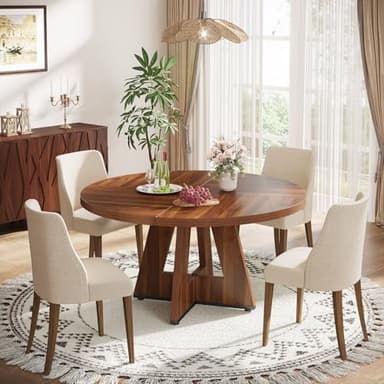 Tribesigns Farmhouse Dining Table, 47 Inch Round Dinner Table for 4 (Brown) - Image 4