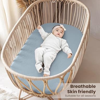 Konssy 2 Pack Muslin Bassinet Sheets for Baby Boy, 100% Cotton Soft Breathable Bassinet Mattress Sheets Fit for Hourglass Oval Cradle Rectangle Mattress (Star,Blue) - Image 4