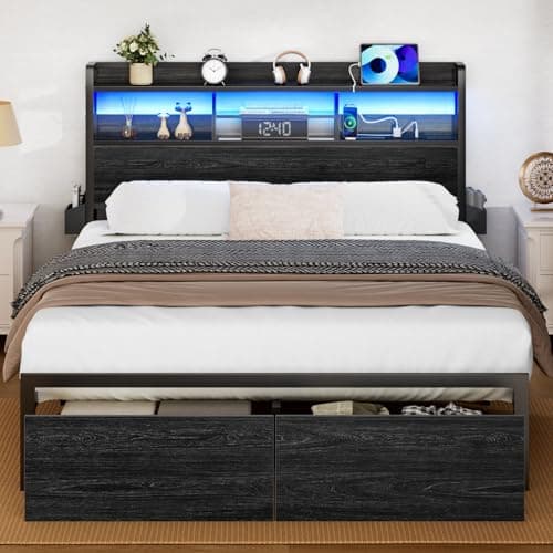 Furnulem Full Size Bed Frame with Wood Headboard, Metal Platform Bed Frame Full Size with 2 Storage Drawers and Shelf, LED Lights and Charging Station, No Box Spring Needed, Noise Free, Black - Image 1