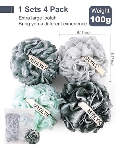 MTDLYICE Loofah Sponge, XXL Large Loofah 100g 4 Pack, Bath Sponge Soft Mesh Shower Loofah for Men, Body Scrub, Shower Pouf Bath Accessories, for Body Wash, Soap (Blue Gray) - Image 3