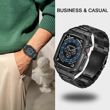 BAITEYOU Stainless Steel Watch Band with Case Compatible with Apple Watch Series 9 8 7 45mm, Rugged Strap with Metal Protective Bumper Cover for iWatch Bands Men (Black) - Image 5