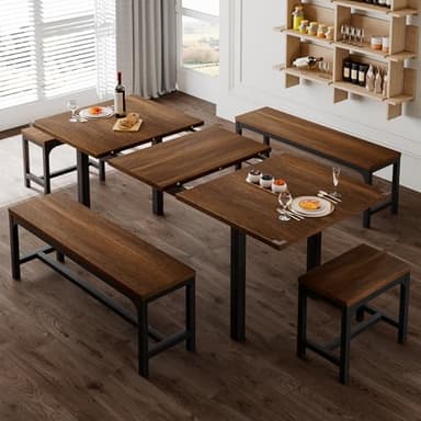 Feonase 5-Piece Dining Table Set for 4-8 People, 63" Extendable Kitchen Table with 2 Benches and 2 Square Stools, Mid-Century Modern Wooden Dining Room Table, Space-Saving, Walnut - Image 3