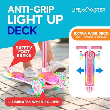 Lifemaster 3-Wheel Kids Scooter with Multi-Color Lights on Deck & Wheels – 5-Height Adjustable Handlebar, Wide Anti-Slip Deck, Child Safety Certified, Boys & Girls Ages 3+ Supports Up to 150 lbs, Pink - Image 7
