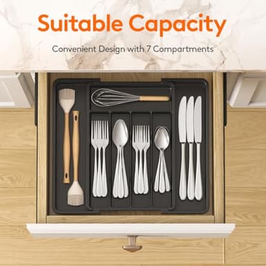 Lifewit Silverware Drawer Organizer, Expandable Utensil Tray for Kitchen, BPA Free Flatware and Cutlery Holder, Adjustable Plastic Storage for Spoons Forks Knives, 8.5"-14.1" x 12.1", Black - Image 3