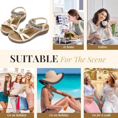 Littleplum Womens Sandals Arch Support Bohemian T-Strap Flower Rhinestone Sandals Women's Non Slip Summer Beach Flat Sandals Cream White Size 7 - Image 7