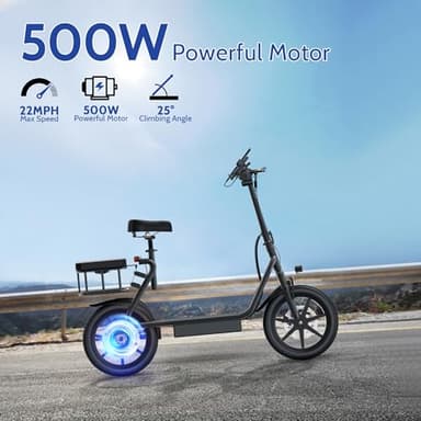 VOLPAM Electric Scooter Adults, Folding E-Scooter for Adults, 500W Motor, 22 MPH Speed, 27 Mile Range, 14" Tires, Electric Kick Scooter with Seat, with Dual Braking Dual Suspension - Image 3