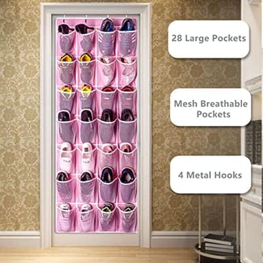 KEEPJOY 28 Pockets Hanging Shoe Organizer, Over the Door Shoe Organizer, Hanging Door Shoe Holder Rack with Mesh Pockets Large Size 65 x 23 Inch (Pink-1Pack - Image 5