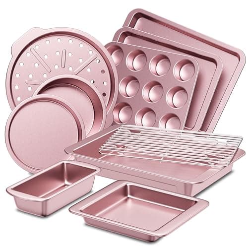 HONGBAKE Bakeware Sets, Baking Pans Set, Nonstick Oven Pan for Kitchen with Wider Grips, 10-Piece Including Rack, Cookie Sheet, Cake Pans, Loaf Pan, Muffin Pan, Pizza Pan - Pink - Image 1