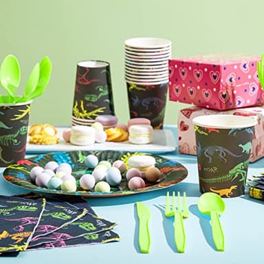 JOYIN 145 Piece Dinosaur Birthday Party Supplies with Trex Banner, 24 Serves dinosaur Disposable Tableware Set with Plates, Cups, Napkins, and Cutlery Sets for Dinosaur Themes Party Kids Years - Image 2