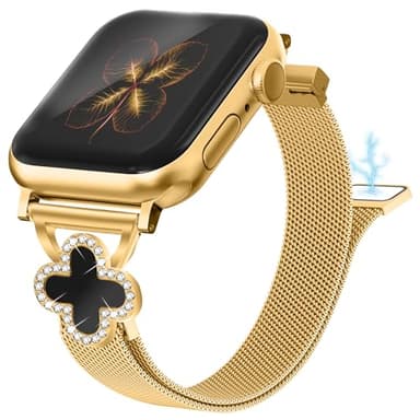Joyozy Slim Metal Band Compatible with Apple Watch Band 38mm 40mm 41mm 42mm 44mm 45mm 46mm 49mm Skinny Magnetic Strap with Bling Charms, Cute Stainless Steel Band, Dressy Thin iWatch Bracelet for Women (Gold) - Image 1