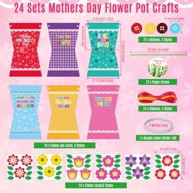 Kosiz 24 Sets Mother's Day Crafts Kit for Kids Flower Card Making Kit with Buttons Straws Ribbon DIY Flower Pot Handmade Greeting Card for Mother's Day Gift Home School Classroom Art Activities - Image 2