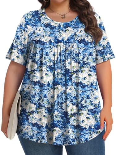 Womens Plus Size Tops Tunic Short Sleeve Crew Neck Shirts Casual Soft Blouse White Chrysanthemum 3X - Image 3