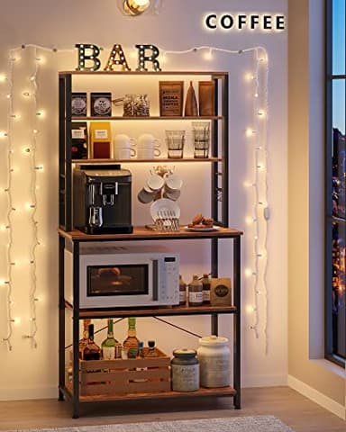 VASAGLE Coffee Bar, 31.5 Inches Baker's Rack for Kitchen with Storage, 6-Tier Kitchen Shelves with 6 Hooks, Microwave Stand, Industrial, Rustic Brown and Black UKKS019B01 - Image 4