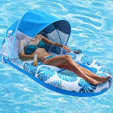 COOLCOOLDEE Pool Lounge Float with Canopy UPF50+,Extra Large Pool Floats for Adults Heavy Duty,Inflatable Lounger Float with Cup Holder & Backrest,Footrest - Image 1