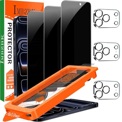 IMBZBK [Auto-Dust Removal] 3 Pack Privacy Screen Protector for iPhone 17 Pro [6.3 INCH] Anti Spy Private Accessories, Case Friendly Film, Military Grade Tempered Glass 3 Camera Lens Protector - Image 1