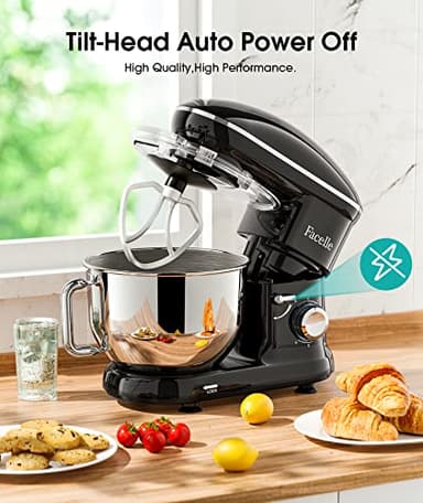 Facelle Stand Mixer, 660W 6 Speed Electric Kitchen Mixer with Pulse Button, Attachments include 6.5QT Bowl, Dishwasher Safe Beater,Dough Hook,Whisk & Splash Guard for Dough,Baking,Cakes,Cookie(Black) - Image 4